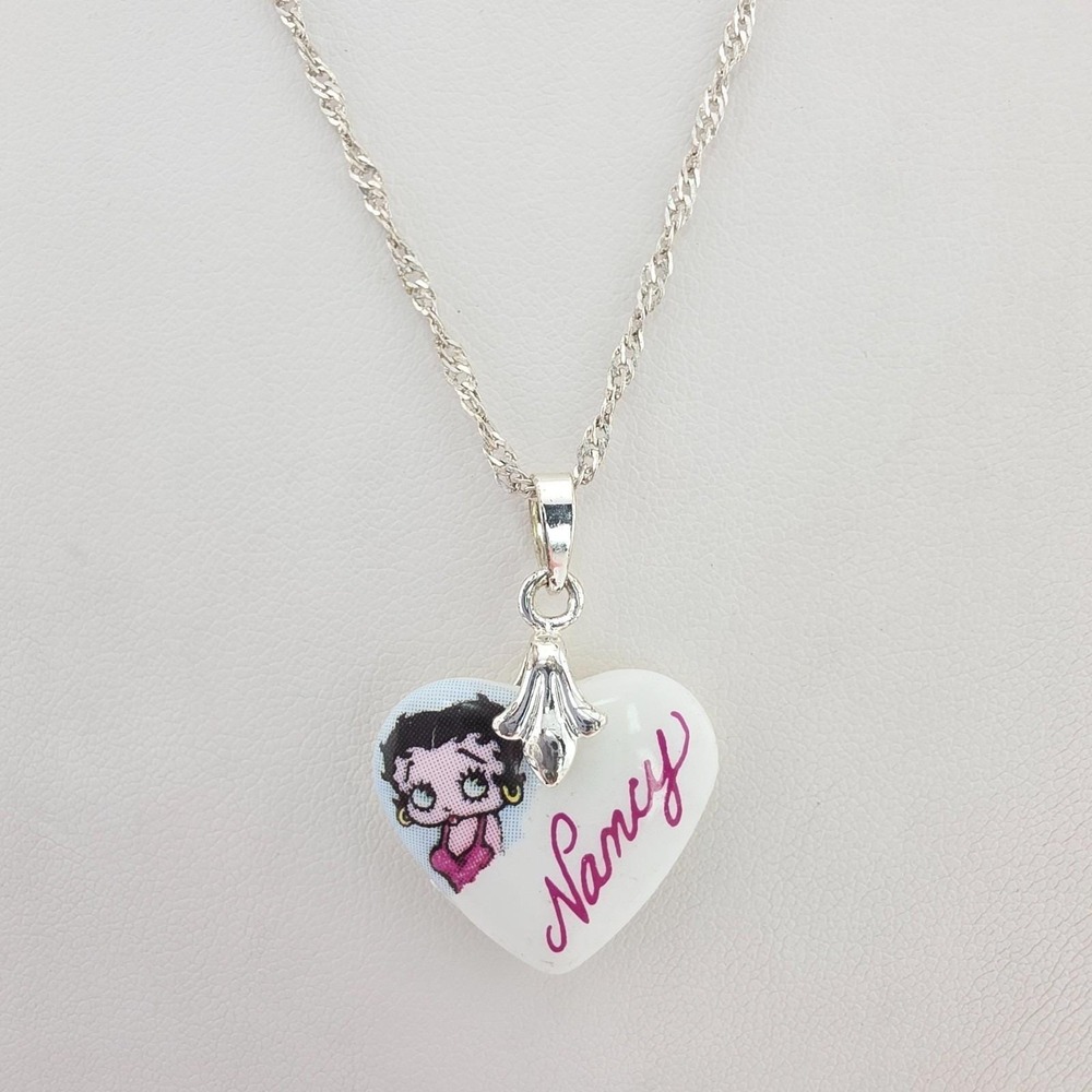 Vtg Betty Boop 'Nancy' Heart Necklace White Ceramic 18KG White Gold Plate 16"
